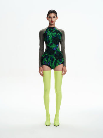 Green Printed Paneled Construction Bodysuit