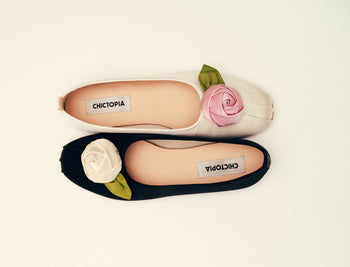 Black Satin Rose Ballerina Flats