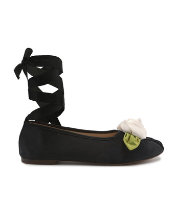 Black Satin Rose Ballerina Flats