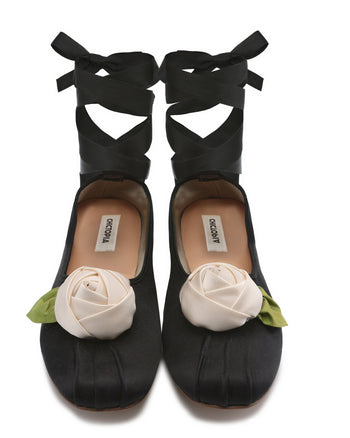 Black Satin Rose Ballerina Flats