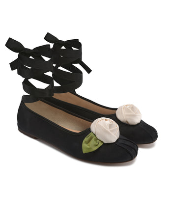 Black Satin Rose Ballerina Flats