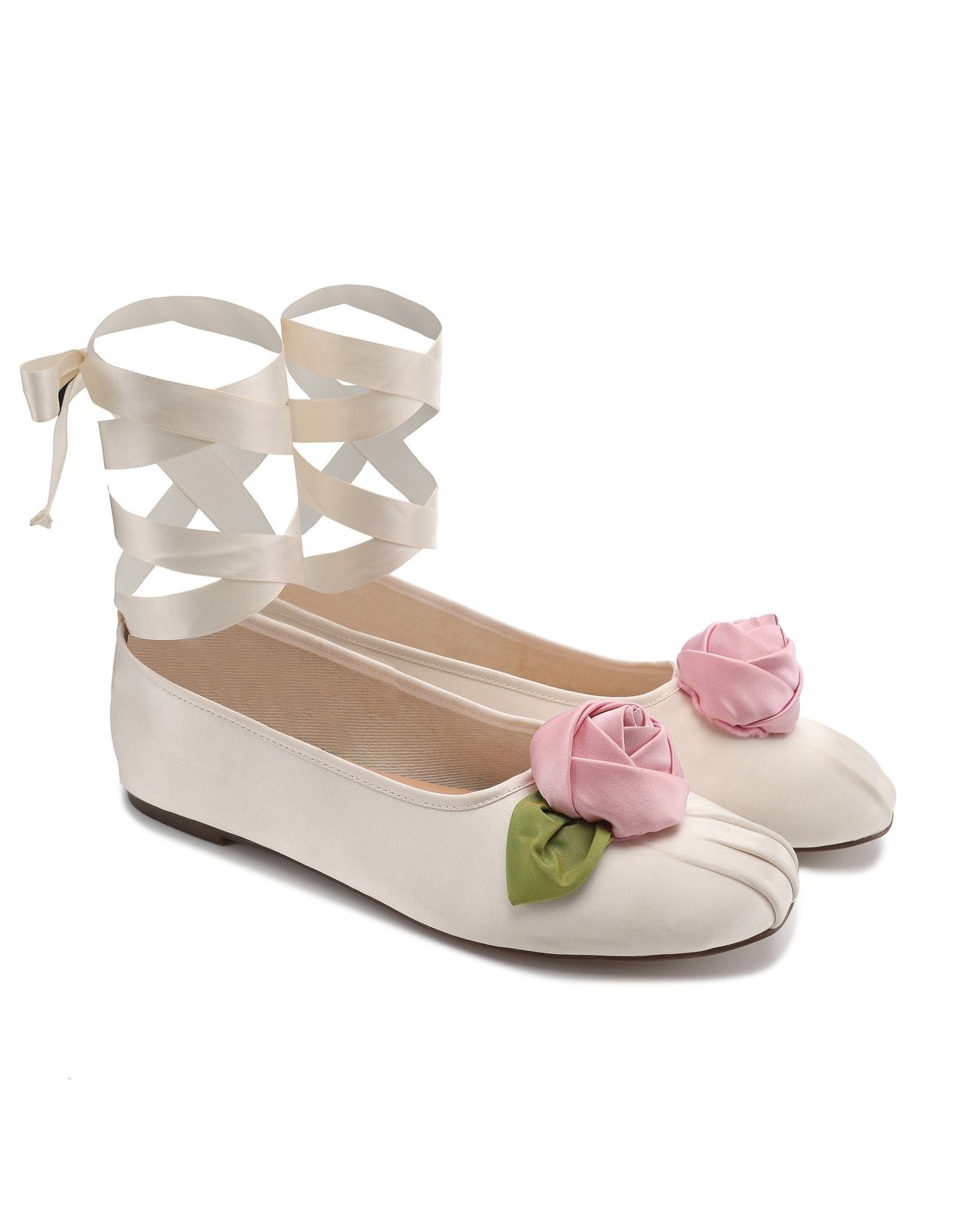 Ivory Satin Rose Ballerina Flats