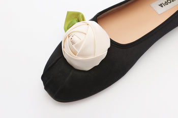 Black Satin Rose Ballerina Flats